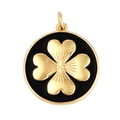 Golden round pendant featuring a black enamel base with an embossed four-leaf clover design - Black-Round Four-leaf Clover