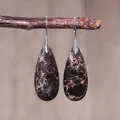Close-up of teardrop imperial stone earrings with natural brown marble textures on branches - Dark Brown Marble Teardrop Style (ER1025-27)