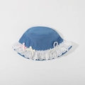 Blue cotton kids bucket hat with white lace trim and decorative bows for sun protection - CM8004 Lace Pearl Series / Dark Blue