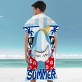 Microfiber hooded beach poncho with light blue stripes and a cartoon shark summer print - Pullover Style - Large Shark