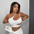 Witte crop top met één schouder en mini-rokset met trekkoord in geribbelde gebreide - S / Wit
