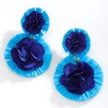 Handmade bohemian blue raffia flower earrings with vibrant silk center petals - Lake Blue Radial Large Statement Earrings