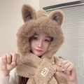 Furry fox ear hat and scarf set in light brown plush material for winter warmth - Khaki