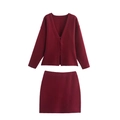 Women's dark red knit set featuring a V-neck cardigan and matching mini skirt on white background - S / Burgundy