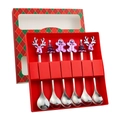 6-piece silver metal Christmas spoon set with purple holiday charms in a red gift box - Red Box 6-Piece Set E