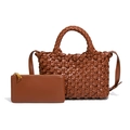 Juego de bolsos de cuero trenzado marrón 2 en 1 con bolso tote y monedero a juego - Marrón