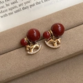 Vintage wine red pearl earrings with golden rocking horse pendant and white zircon inlay - 71# Silver Earring Post Red Gold Real Gold Rocking Horse Pearl