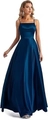 Detail shot of navy blue satin evening dress featuring sleek side slit and adjustable straps - US size 2 / Navy Blue