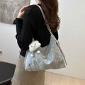 Metallic grey pleated hobo bag with silver butterfly patches and a cloud charm - With Cloud Charm / Blue