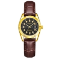 Luminous quartz watch with gold fluted bezel, black dial, and brown leather strap - Brown Strap Gold Case Black Dial Women's