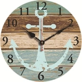 Vintage round wooden wall clock with a blue anchor design and silent movement - Vintage Wood Blue Anchor