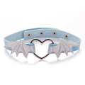 Detail of light blue PU leather choker with silver metal heart and bat wings on white background - Silver Wings Blue PU Choker