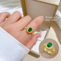 Gold watch chain ring with green emerald stone and diamond accents for women - Adjustable Open / Gold (Real Gold Plated)