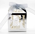 Silver laser cut heart candy box with Thank You engraving and matching satin ribbon - Reflective Silver