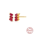 Elegant 925 sterling silver stud earrings with three asymmetrical red rectangle zircon stones - 925 Silver / Gold - Rose Red Zirconia
