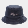 Dark grey washed denim bucket hat with pink Mama embroidery and heart for women - M (56-58cm) / Navy Blue