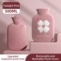 Bolsa de agua caliente rosa crepúsculo 500ml con funda de felpa suave y bordado floral - 500ml/Revestimiento a prueba de explosiones + Funda / Rosa Crepúsculo
