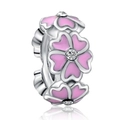 Pink enamel flower charm with silver base and central sparkling cubic zirconia stone - Single Gem Flower