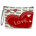 Neceser de lona blanca con estampado de corazón rojo y correa de mano negra - Estilo Fondo de Texto LOVE You (Con Correa) / 17x25cm