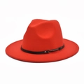 Close-up of red wool fedora hat featuring a black leather band and silver buckle detail - M (56-58cm) / Orange Red