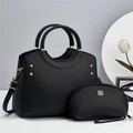 Two-piece black faux leather tote bag set with matching small zipper pouch and floral logo - Black