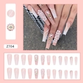 Rosa Ombre lange Ballerina-Kunstnägel mit weißen Blumen und glitzernden Strasssteinen - Pink Weiß Farbverlauf 3D Blumen Strass Stil (Z704-Kleber-Typ)