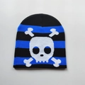 Unisex black and blue striped knit beanie featuring a white skull and crossbones design - Blue Black Striped Skull