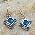 Vintage style square blue natural stone earrings with intricate silver and gold framework - Blue Square Gem Vintage Style (11086)