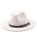 Detail of white wool fedora hat featuring black leather band and silver floral buckle - M (56-58cm) / Pure White
