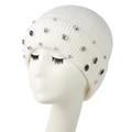 White winter knit beanie for women with elegant rhinestones and thick ribbed cuff - White