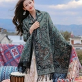 Ethnic style thick cashmere-like shawl in dark teal with paisley patterns and black tassels - Green Paisley Ethnic Shawl