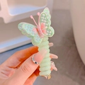 Mint green phone cord hair tie with embroidered plaid butterfly decoration - Pale Green Butterfly/Green Loop