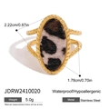 Bague en acier doré avec insert léopard ovale et anneau à double vague - Style Anneau Ondulé Motif Léopard (JDRW2410020)