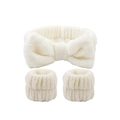 Soft white plush 3-piece spa set including a bow headband and matching wrist washbands - Creamy White-3pcs Set