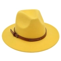 Detailed close-up of yellow felt fedora hat featuring a brown leather belt with metal buckle - Yellow (Two Studs)