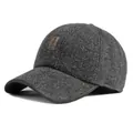 Men's winter ear-flap baseball cap in dark grey herringbone wool with leather patch - Adjustable / Dark Gray