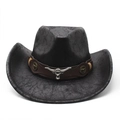 Klassieke zwarte western cowboyhoed van kunstleer met stierenkop en vintage metalen studs - Zwart (Gecraqueleerde Textuur) / M (56-59cm)