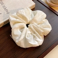 Chouchou oversize en dentelle blanche avec détails de broderie florale sophistiqués - Élastique À Cheveux N° 17 - Blanc