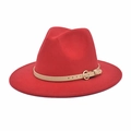 Detail of red wool fedora hat featuring a tan leather belt strap and gold metal buckle - M (56-58cm) / Red