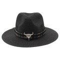 Black wide brim straw fedora hat with ethnic band and silver bull head ornament - Black