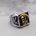 Gothic punk stainless steel signet ring with golden Grim Reaper and angel wing details - US 7 / Gold & Silver