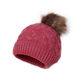 Winter rose red cable knit beanie hat for children with a brown faux fur pom pom top - One Size / Heather Peach Pink
