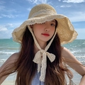Beige wide brim straw sun hat with white lace trim and bow tie for beach holidays - One Size / Lace Trim with Lace Tie - Beige
