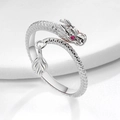 Silver dragon wrap ring with ruby eyes and leaf charm in a minimalist style - Adjustable Open / White Gold