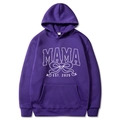 Dark purple Mama Est 2025 Coquette hoodie featuring white lettering and a bow graphic - Purple