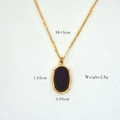 Close-up of gold 14K stainless steel necklace with black stone pendant and size specs - Black Agate