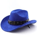 Detail of royal blue suede cowboy hat featuring leather band with metal bull head rivets - M (56-58cm) / Sapphire Blue
