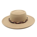 Detailed macro view of the khaki wool felt fedora with a colorful braided headband accent - M (56-58cm) / Khaki