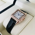 Square rose gold ladies watch with crystal bezel and black glossy leather strap on a pillow - Pearl Shiny Black Leather Strap