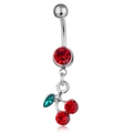 Piercing ombelico in argento con ciondolo a ciliegia rossa e foglie verdi brillanti - Stile Ciliegia 1